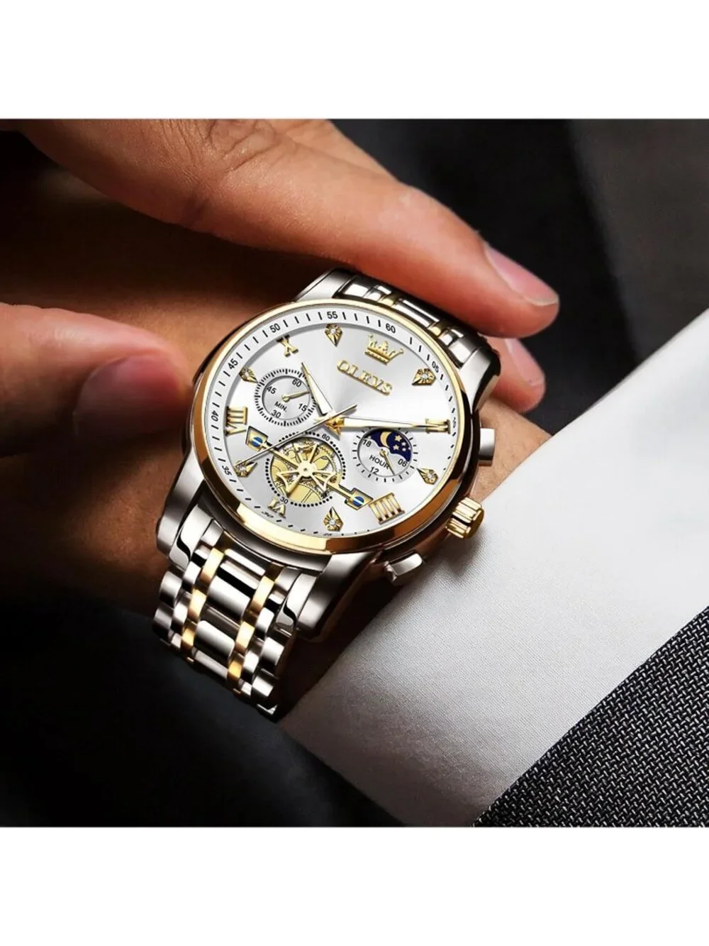 Men's White / Two-tone Stainless Steel Chronograph Waterproof Quartz Dress Watch